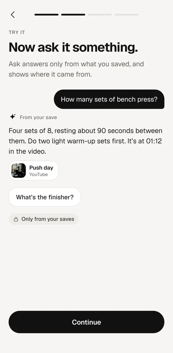 Forgetless screen: asking how many sets of bench press, answered from the saved workout with a link to it.