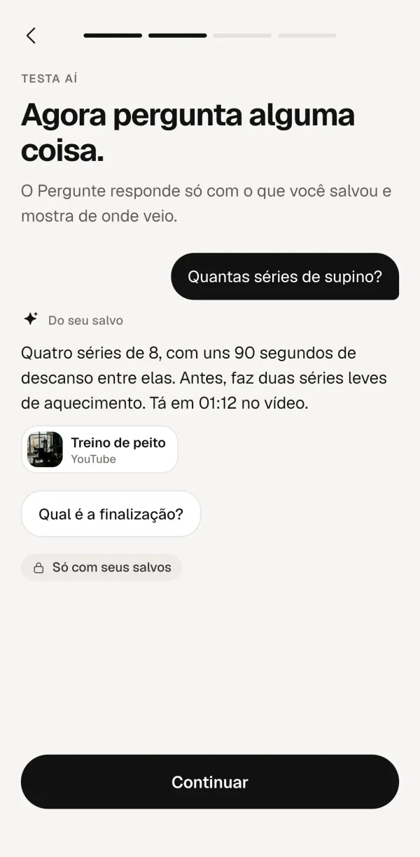 Tela do Forgetless: pergunta quantas séries de supino, respondida com base no treino salvo e com o link pra ele.
