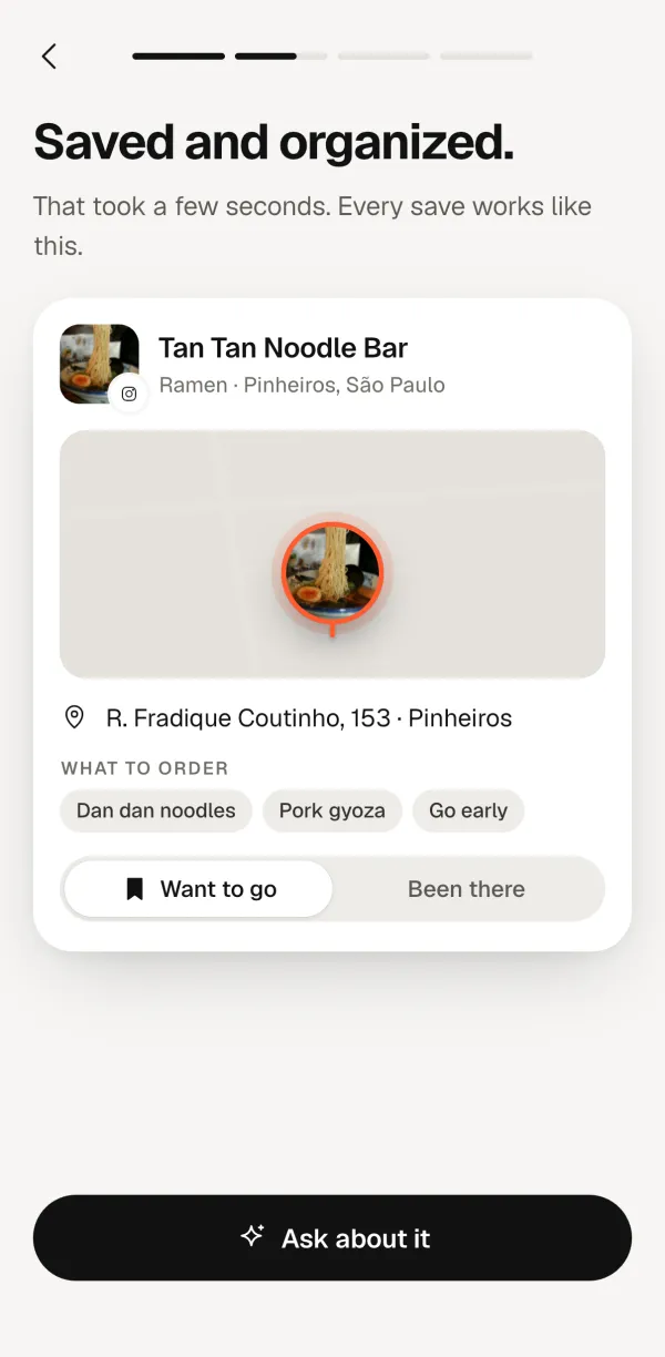 Forgetless screen: Tan Tan Noodle Bar from Instagram with a map pin, address, what to order and a Want to go toggle.