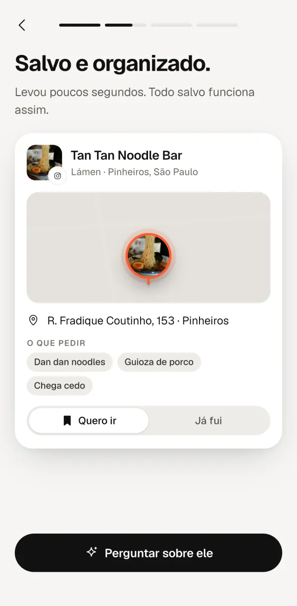 Tela do Forgetless: Tan Tan Noodle Bar do Instagram com pin no mapa, endereço, o que pedir e o botão Quero ir.