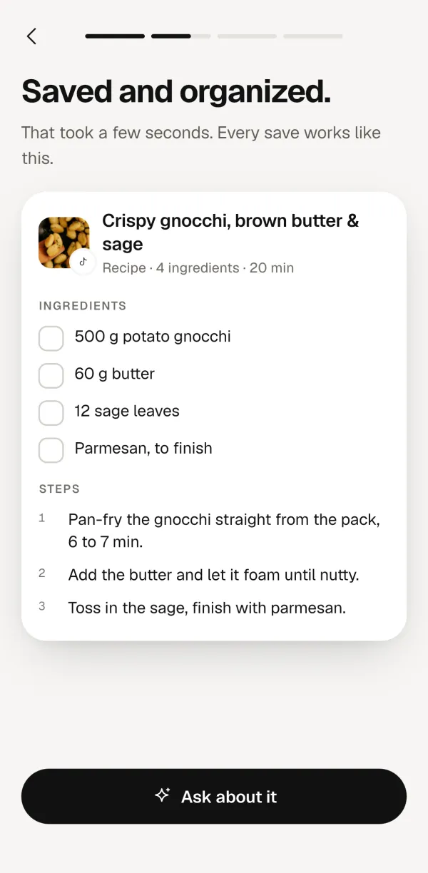 Forgetless screen: crispy gnocchi from TikTok with an ingredient checklist and three steps.