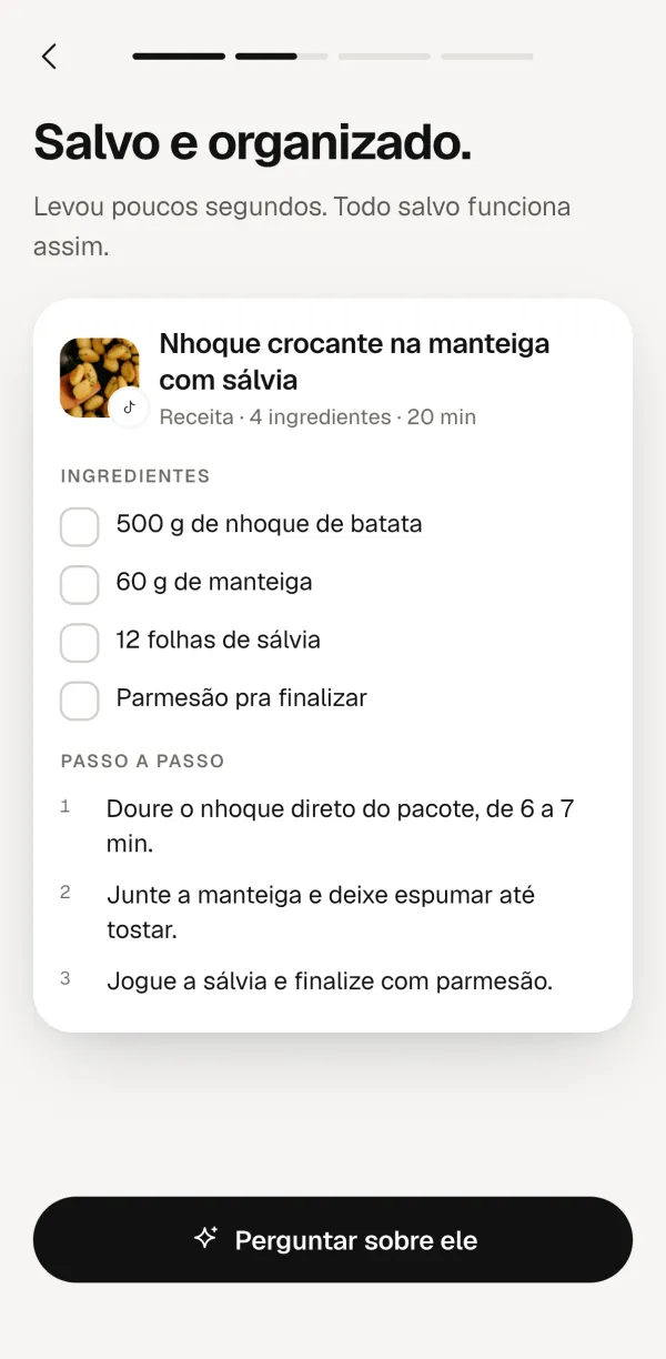 Tela do Forgetless: nhoque crocante do TikTok com checklist de ingredientes e três passos.