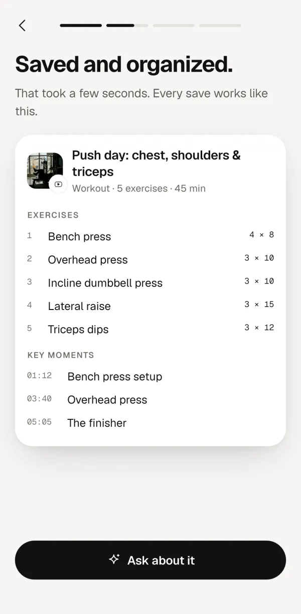 Forgetless screen: a push day workout from YouTube turned into five exercises with sets, reps and key moments.