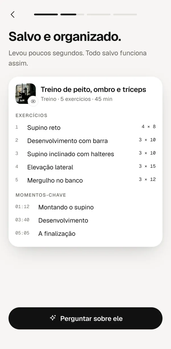 Tela do Forgetless: treino de peito, ombro e tríceps do YouTube virou cinco exercícios com séries, repetições e momentos-chave.